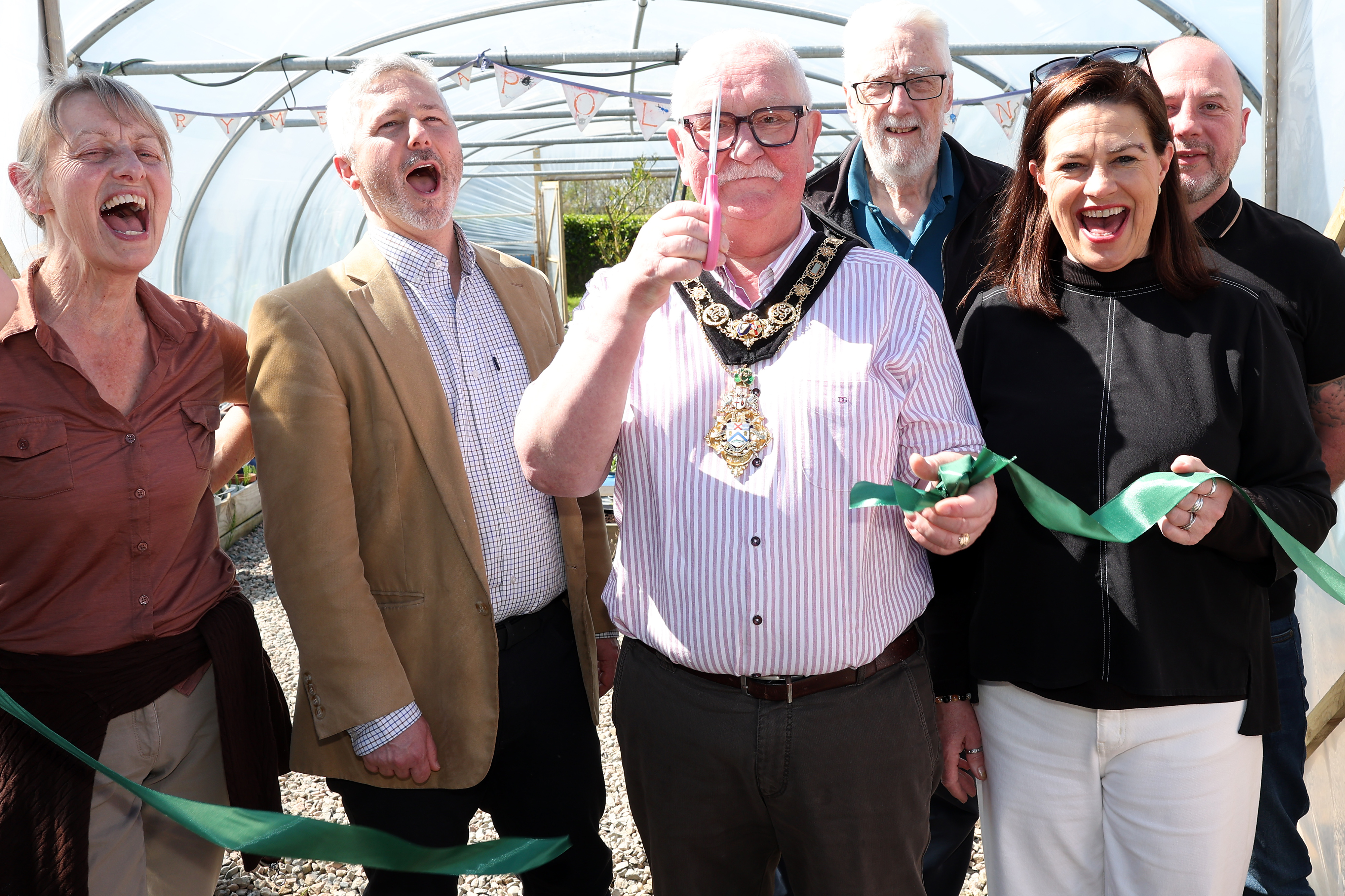 Pictured L-R: Rachel Craig (Corrymeela member); Rev. Dr. Alex Wimberly (Leader of Corrymeela Community), Mayor Cllr Oliver McMullan, Richard Naylor (Corrymeela member), Roisin Marshall (Chair of Corrymeela Council) and Michael McCartney (Head of Hospitality and Facilities, Corrymeela)